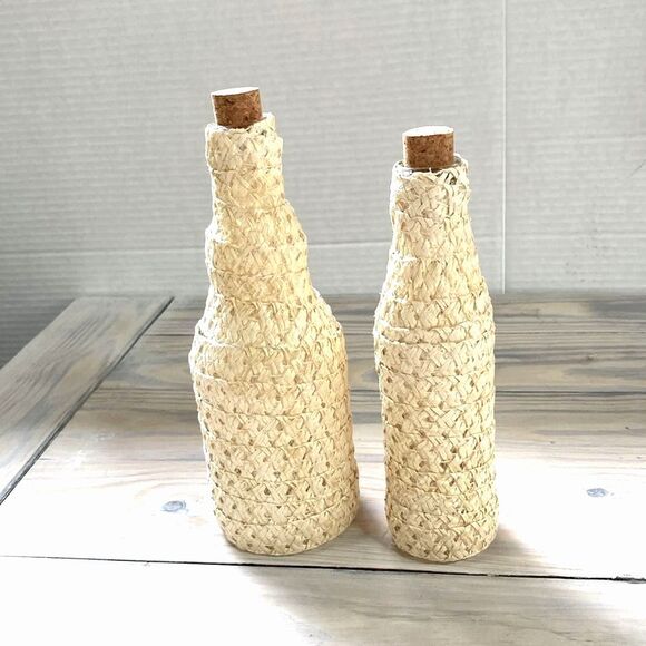 NAUTICAL Wrapped Glass Bottles with Cork Stoppers Decor 8 and 7 inches Tall - Picture 2 of 7